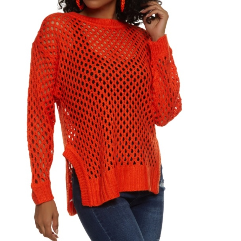 Crotchet Mesh Crewneck Sweater Hi-Low